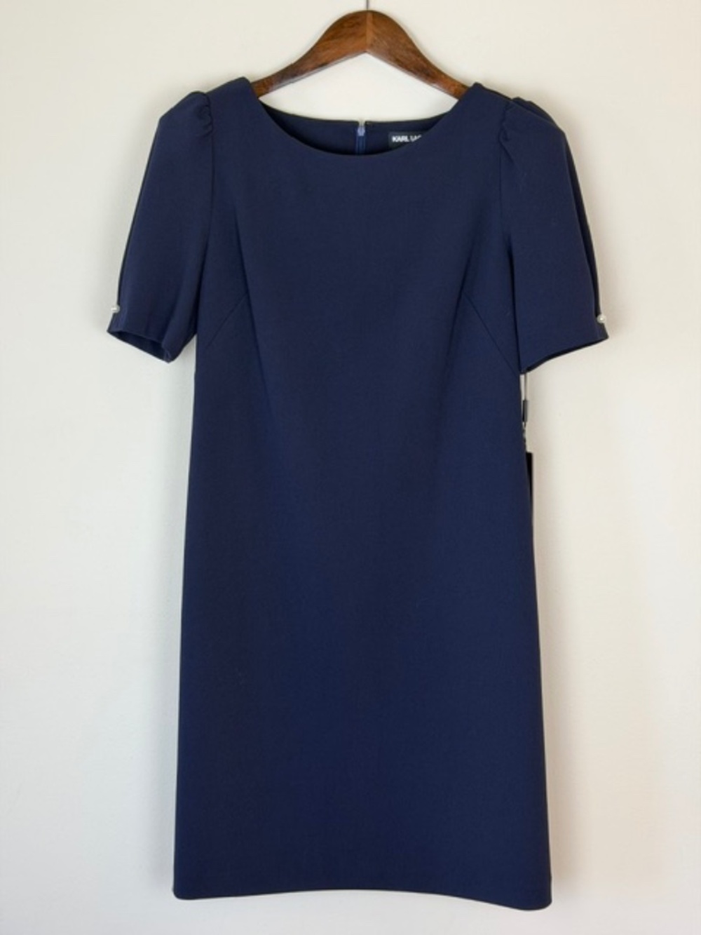 Karl Lagerfeld Chic Navy Sheath Dress Pearl Detail Short Sleeve Women's 6